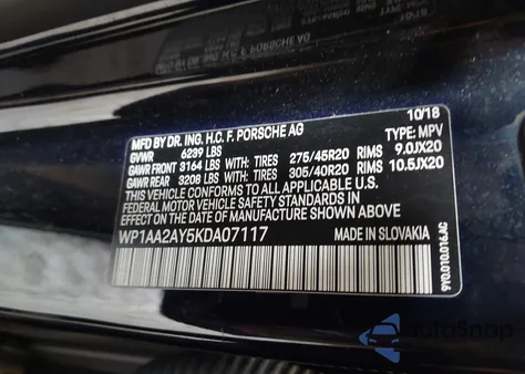 2019 Porsche Cayenne из США, поврежденный, VIN WP1AA2AY5KDA07117